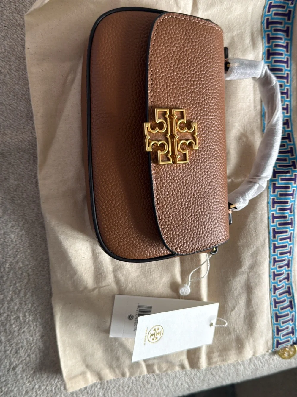 Tory Burch Tan mini Pebbled Leather Shoulder Bag with Gold Logo